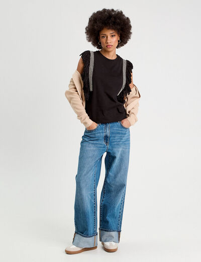 T-shirt avec franges noir femme