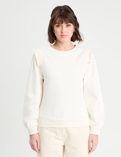 Sweat détails franges ecru femme