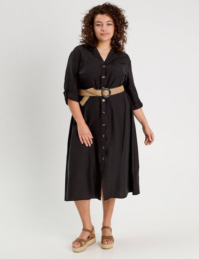 Robe longue évasée ceinturée noir femme
