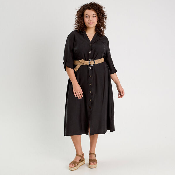Robe longue évasée ceinturée noir femme