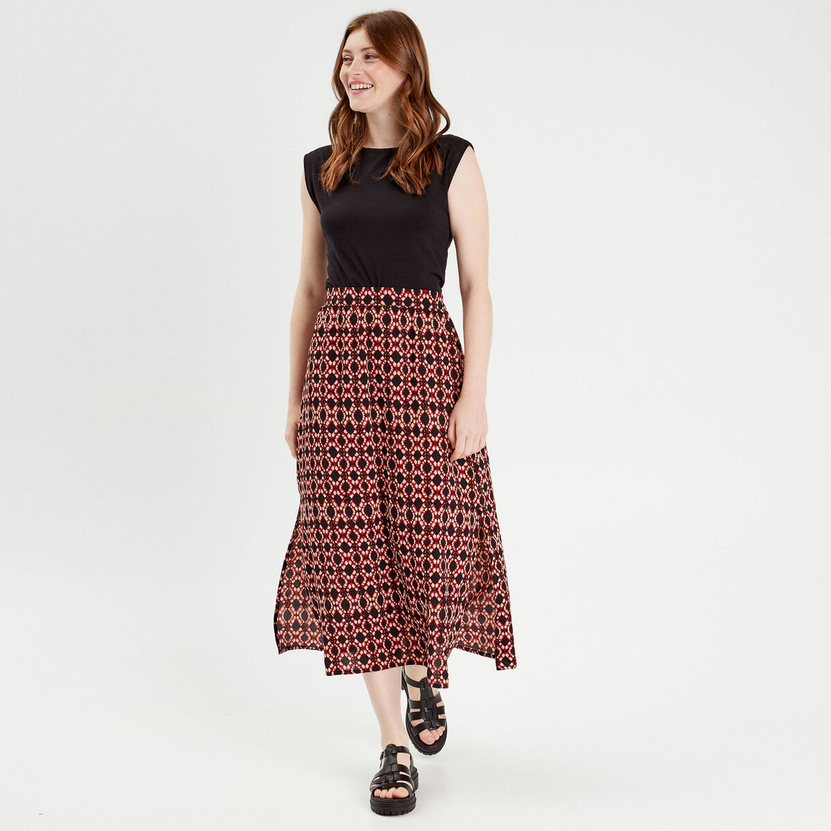 Jupe midi évasée fluide rouge femme