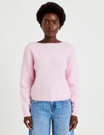 Pull col rond manches longues rose clair femme