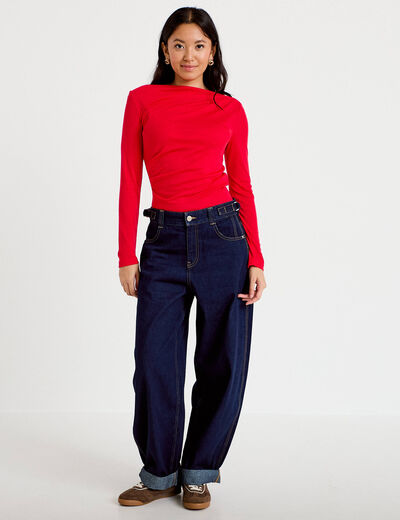 T-shirt col b&eacute;nitier manches longues rouge femme