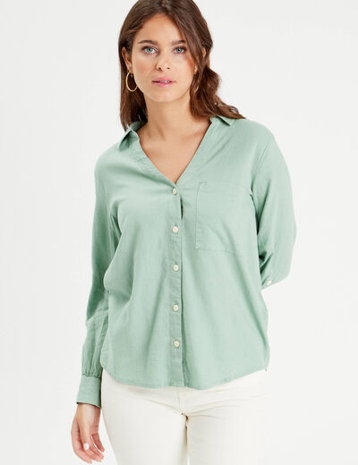 Chemise manches longues contenant du lin vert olive femme