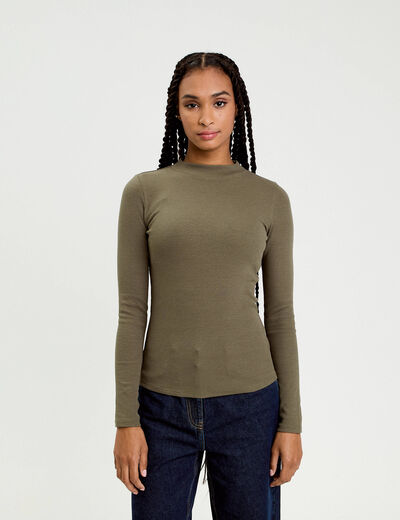 Top ajust&eacute; c&ocirc;tel&eacute; col montant vert kaki femme