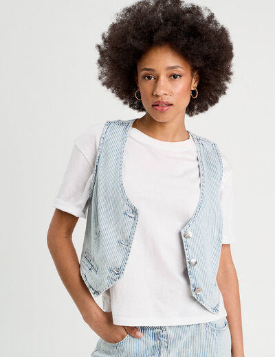 Veston sans manches en jean bleu gris femme