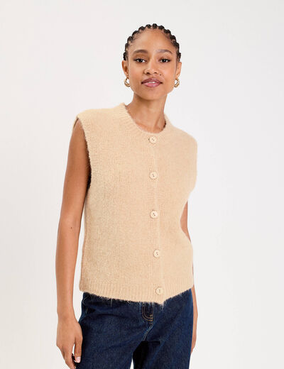 Gilet sans manches col rond beige femme