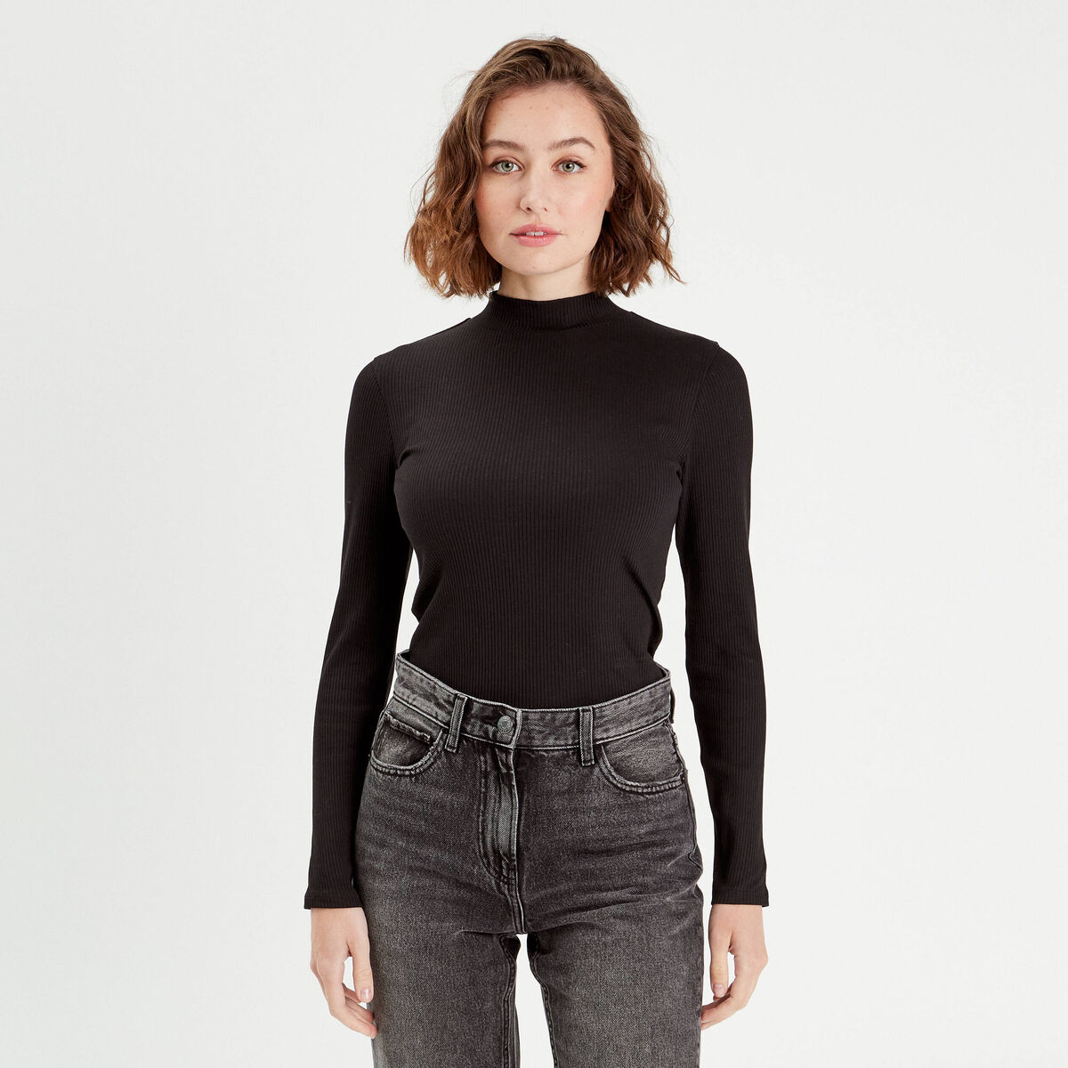 T-shirt manches longues côtelé noir femme