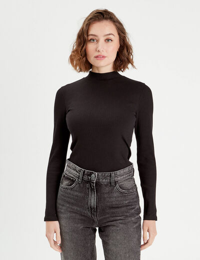 T-shirt manches longues côtelé noir femme