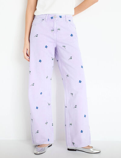 Jean wide leg brod&eacute; Bridgerton mauve femme