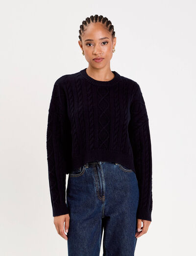 Pull avec torsades bleu marine femme