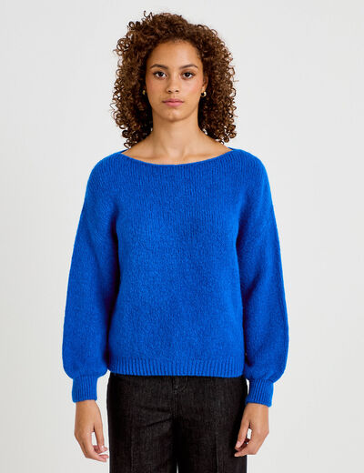 Pull ample col bateau manches longues bleu electrique femme