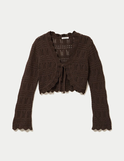 Gilet ajour&eacute; nou&eacute; marron fonc&eacute; femme