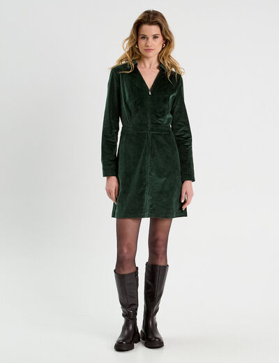 Robe trapèze velours zippée vert foncé femme