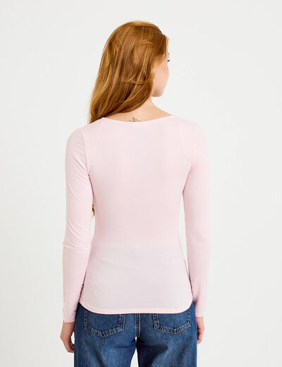 T-shirt thermique col en V plumetis rose clair femme