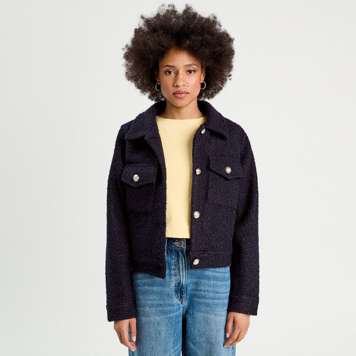 Veste boutonnée bouclette bleu marine femme