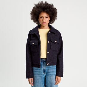 Veste boutonnée bouclette bleu marine femme