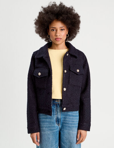 Veste boutonnée bouclette bleu marine femme