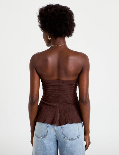Bustier p&eacute;plum ajust&eacute; cropped pliss&eacute; marron fonc&eacute; femme