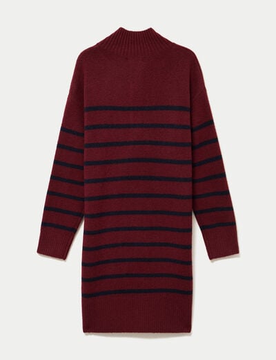 Robe pull droite manches longues 3/4 rouge fonc&eacute; femme