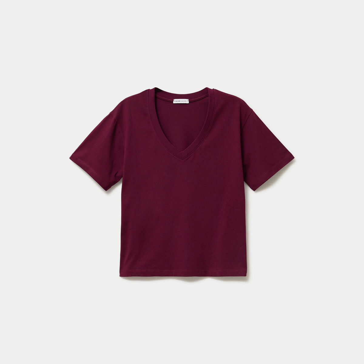 T-shirt col v manches courtes bordeaux femme