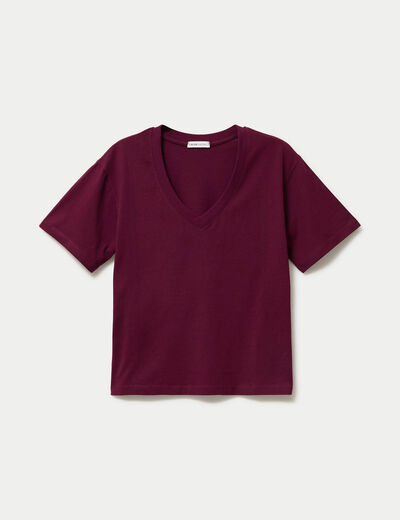 T-shirt col v manches courtes bordeaux femme