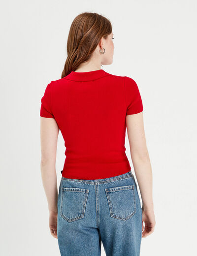 T-shirt manches courtes col polo rouge femme