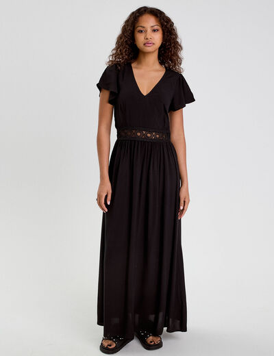 Robe longue évasée noir femme