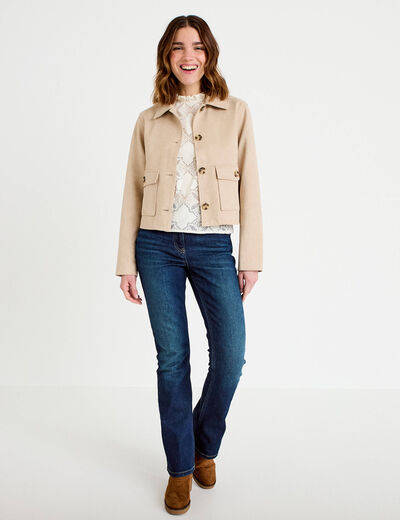Veste droite cropped aspect daim beige femme