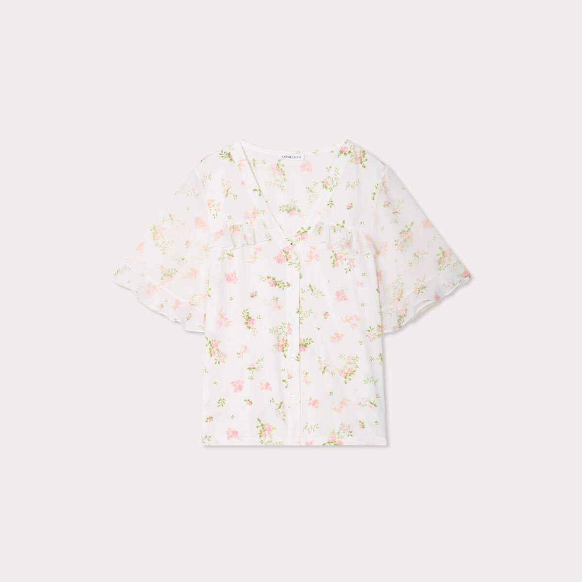 Chemise manches volants rose poudrée femme
