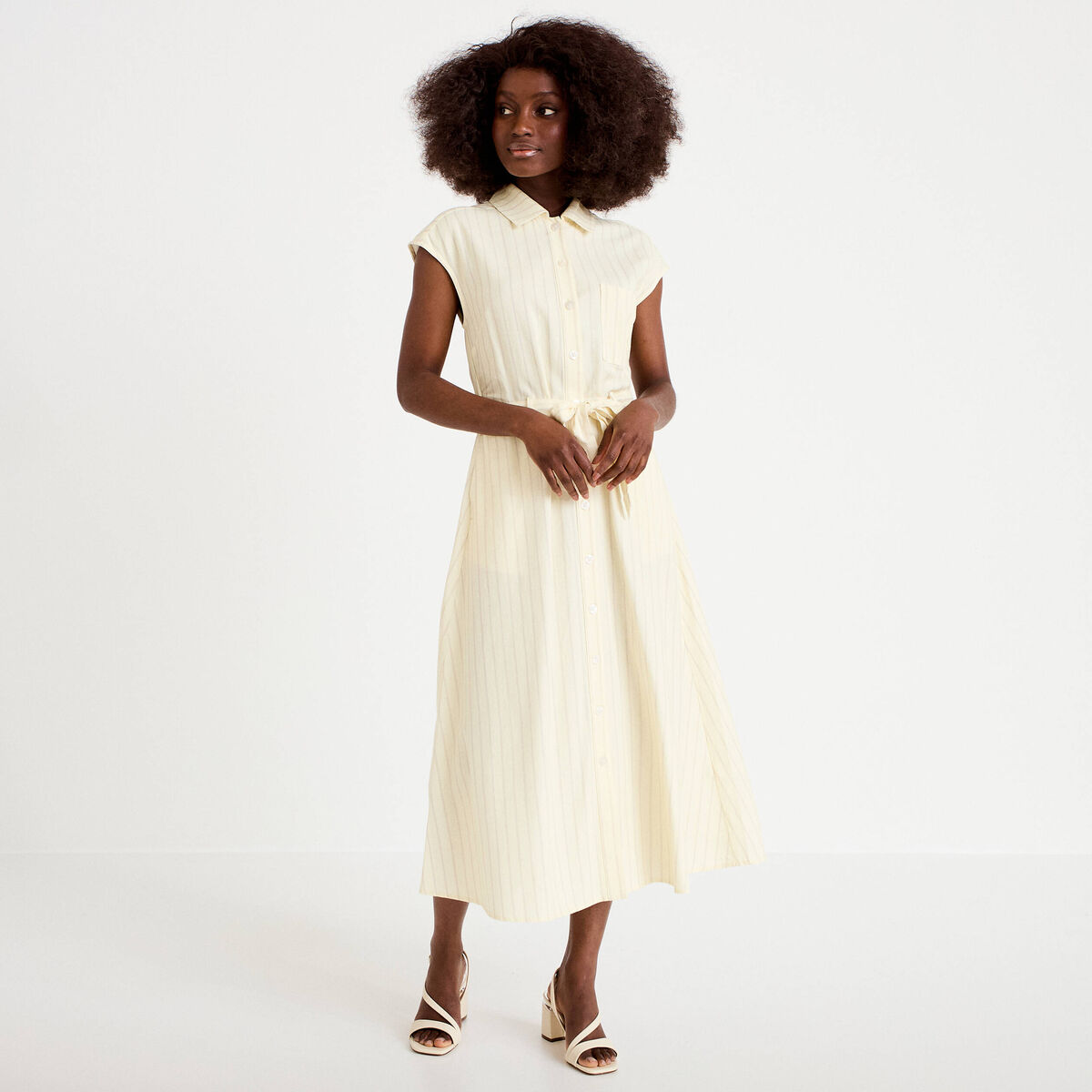 Robe midi &eacute;vas&eacute;e manches tr&egrave;s courtes jaune pastel femme