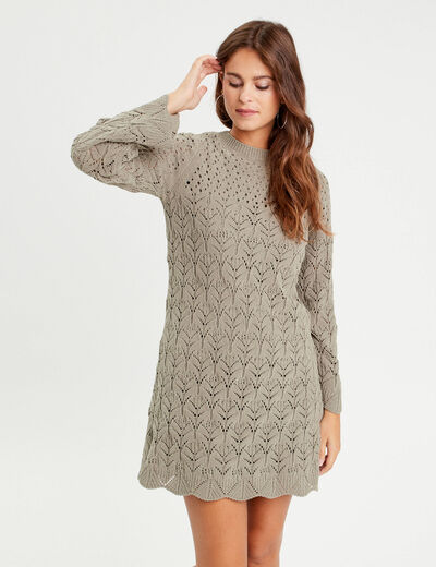 Robe tricot &eacute;vas&eacute;e ajour&eacute;e vert kaki femme