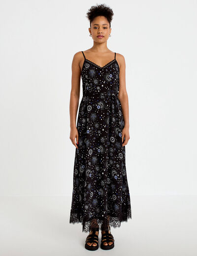 Robe longue &eacute;vas&eacute;e col v dentelle noir femme
