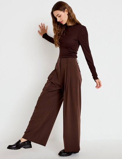 Pantalon large &agrave; pinces marron femme