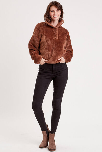 Sweat fausse fourrure boutonné marron femme