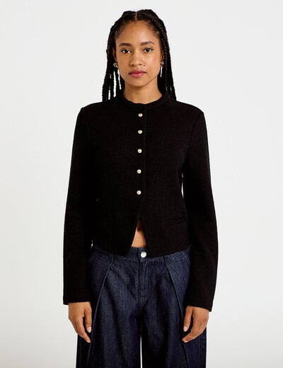 Veste tweed droite cropped col rond noir femme