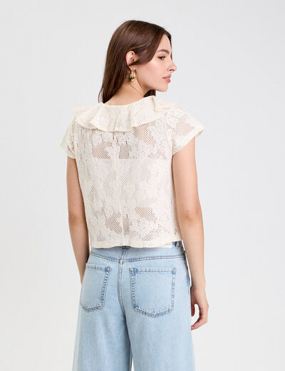 Blouse ajourée décolleté manches courtes ecru femme