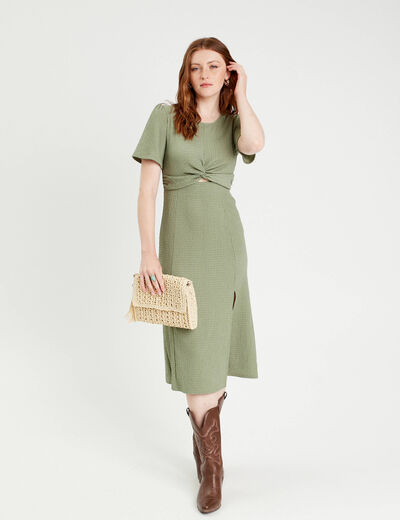 Robe midi ajustée col rond vert kaki femme