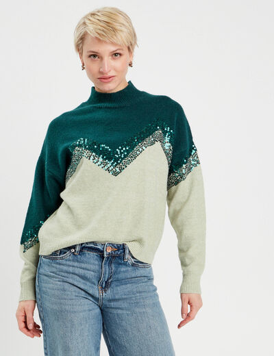 Pull avec sequins vert foncé femme