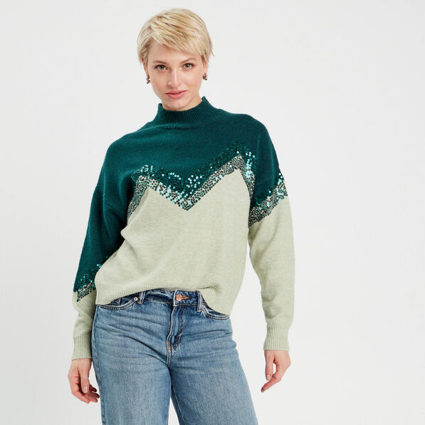 Pull avec sequins vert foncé femme