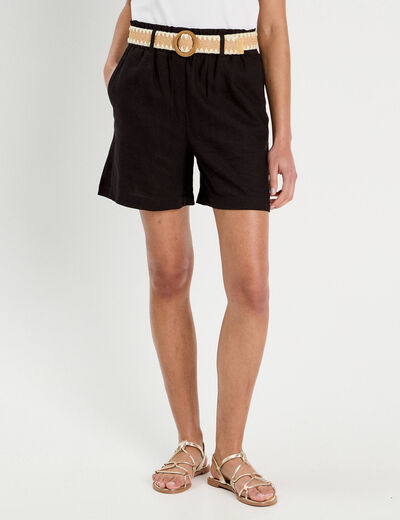 Short ample ceinturé contenant du lin noir femme