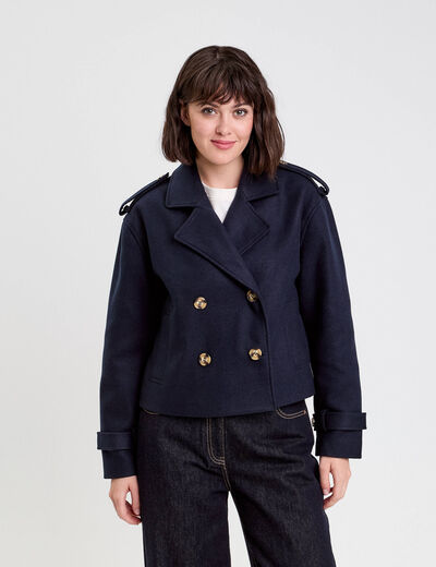 Trench court boutonné bleu marine femme