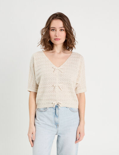 Pull ajouré manches 3/4 ecru femme