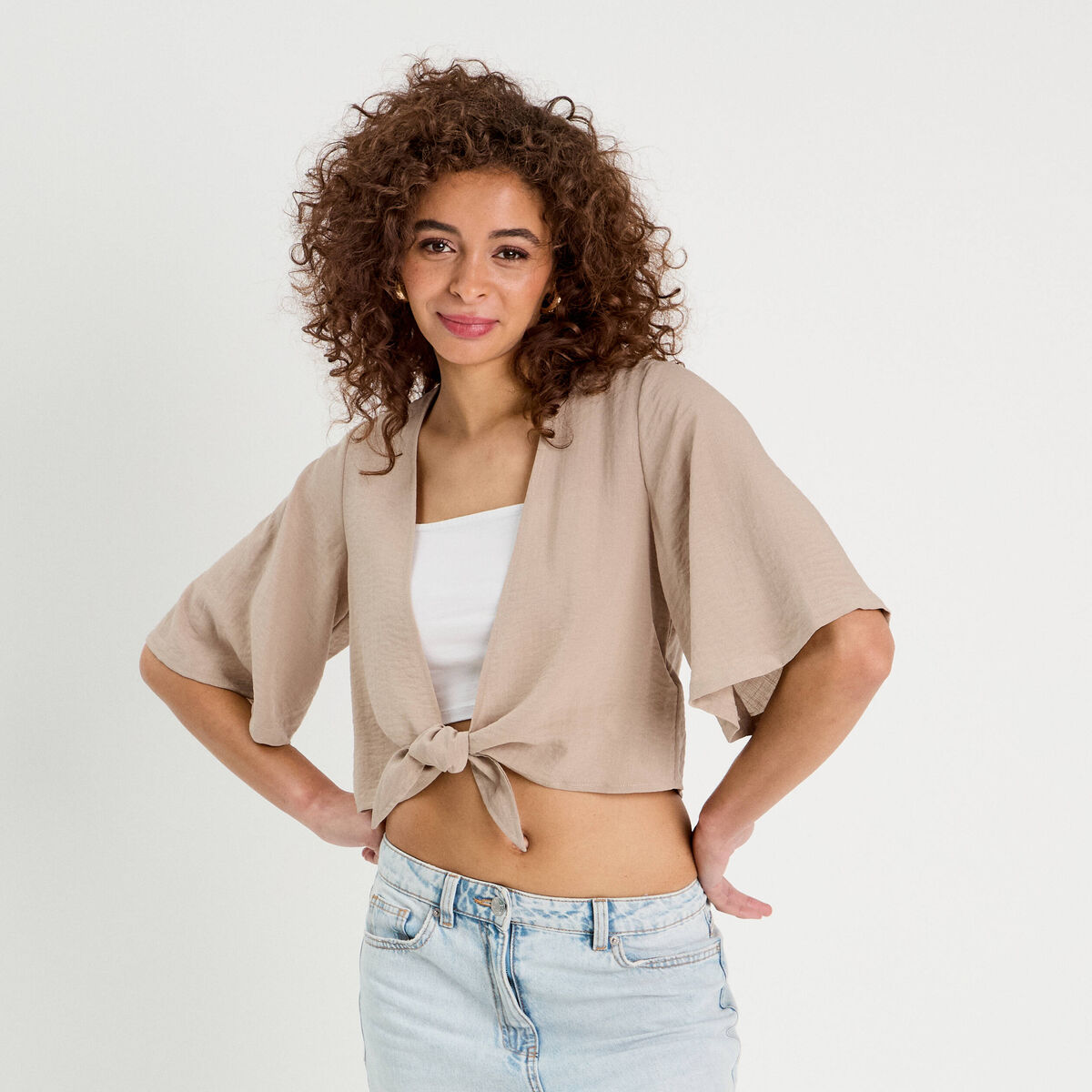 Blouse nou&eacute;e cropped beige femme