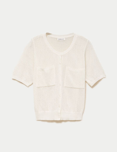 Gilet ajour&eacute; col rond manches courtes ecru femme