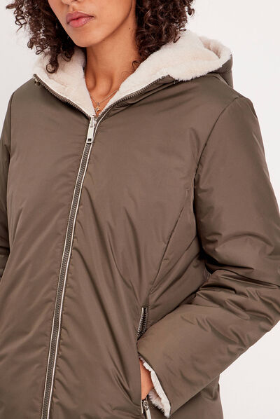 Parka réversible à capuche vert kaki femme