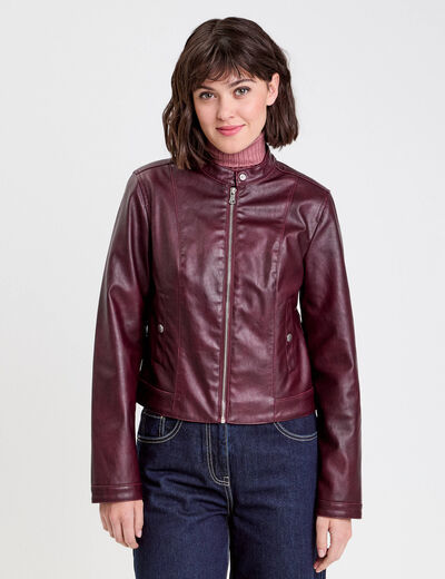Veste simili cuir zippée prune femme