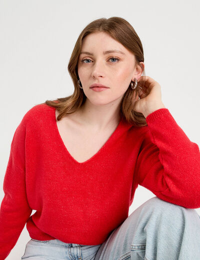 Pull manches longues col en V rouge femme