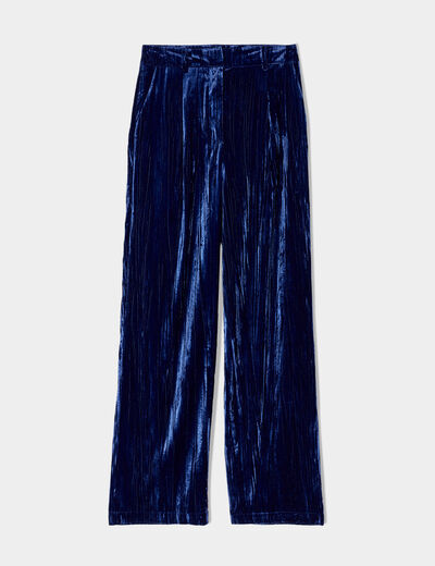 Pantalon large fluide velours bleu foncé femme