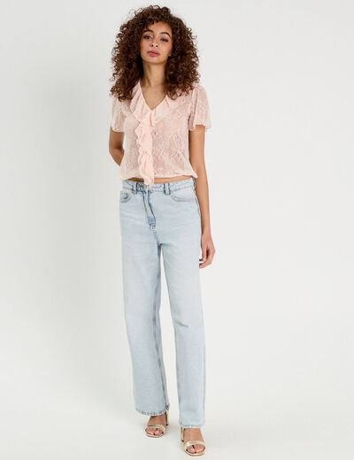 Top dentelle et volants rose clair femme
